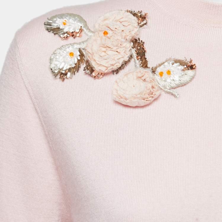 Pre Owned Dior Light Pink Knit Floral Applique Half Sleeve Sweater Top L