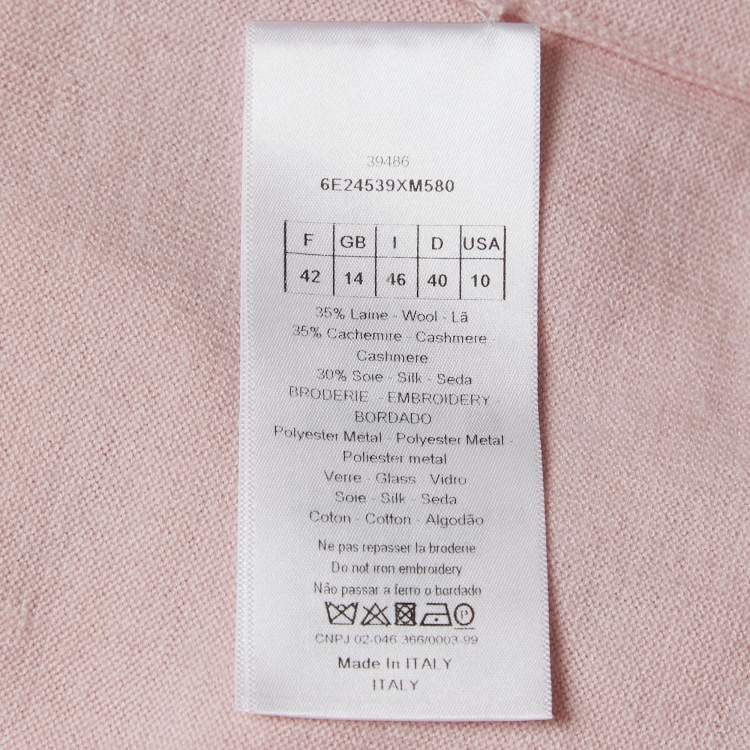 Pre Owned Dior Light Pink Knit Floral Applique Half Sleeve Sweater Top L