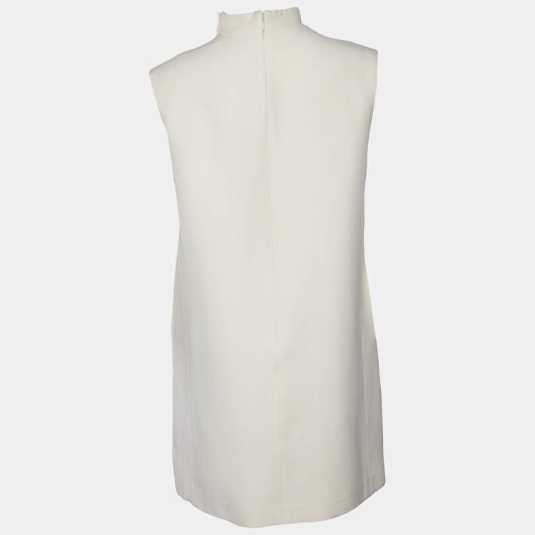 Pre Owned Christian Dior Beige Bee Embroidered Wool & Silk Crepe High Neck Shift Dress M