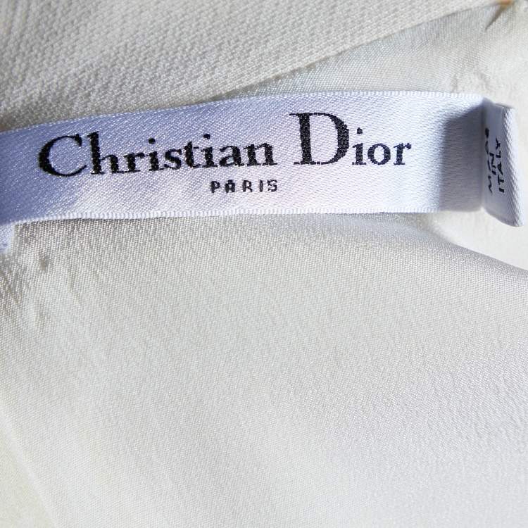 Pre Owned Christian Dior Beige Bee Embroidered Wool & Silk Crepe High Neck Shift Dress M