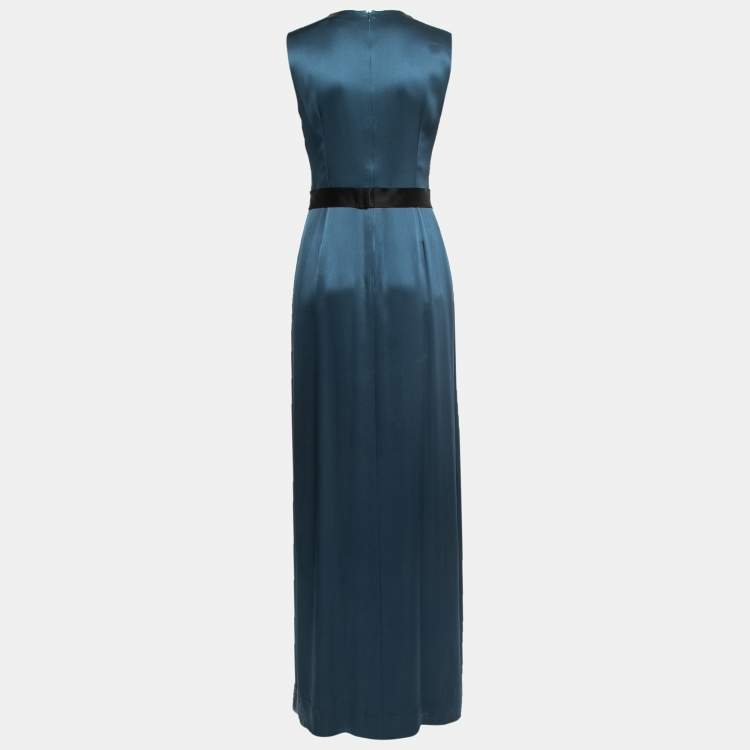 Pre Owned Dior Dark Teal Silk Satin Sleeveless Maxi Dress M 