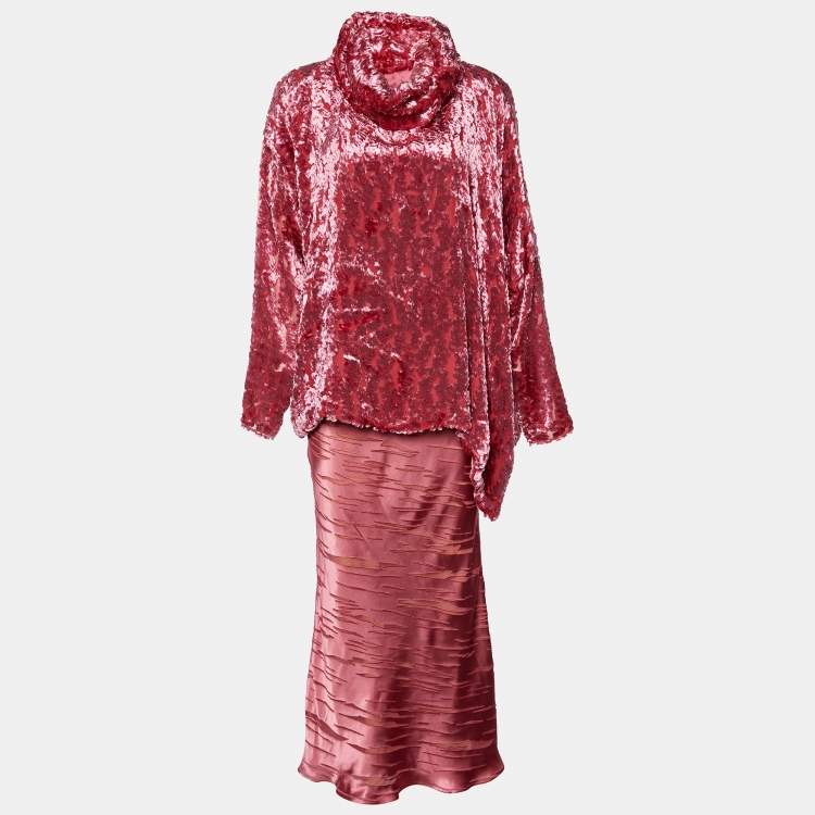 Pre Owned Christian Dior Boutique Pink Flocked Top & Skirt Set M