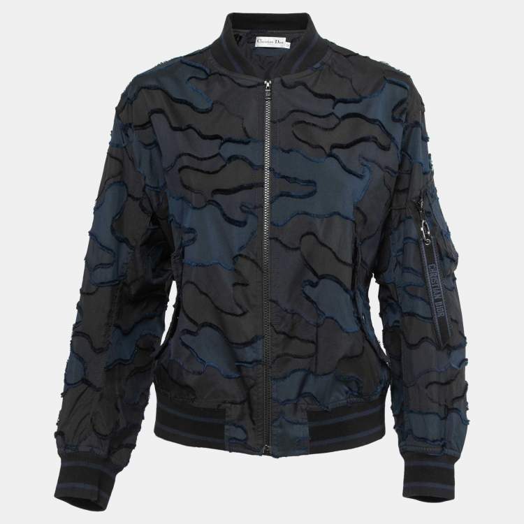 Pre Owned Dior Navy Blue Textured Synthetic Zip Front Bomber Jacket S
