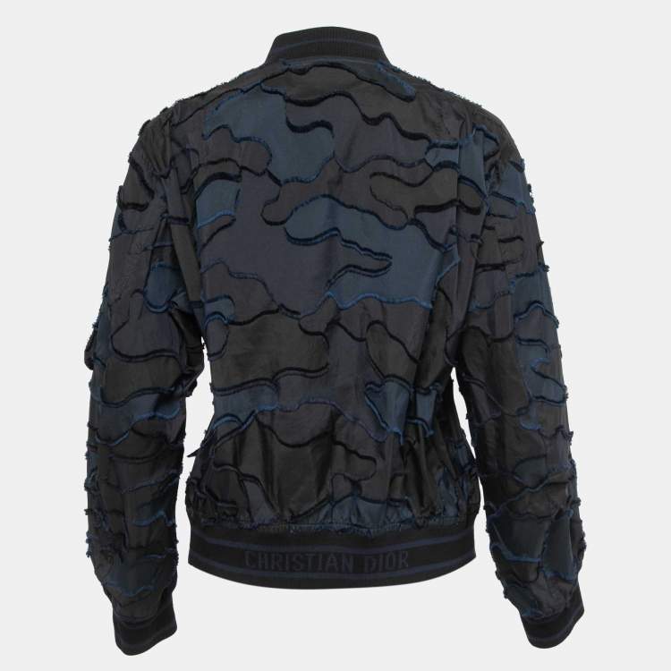 Pre Owned Dior Navy Blue Textured Synthetic Zip Front Bomber Jacket S