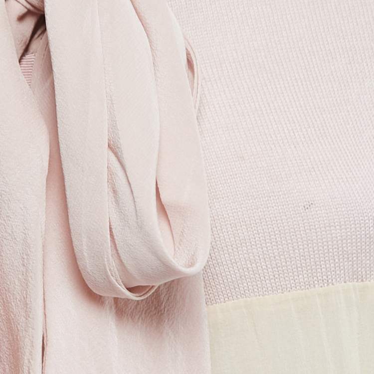 Pre Owned Dior Dusty Pink/Cream Wool & Silk Knit Neck Tie Detail Open Front Cardigan M