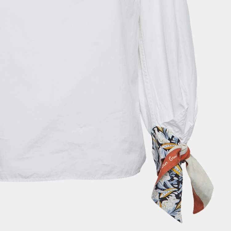 Pre Owned Dior White Cotton and Printed Silk Long Sleeve Tie Detail V-Neck Blouse M