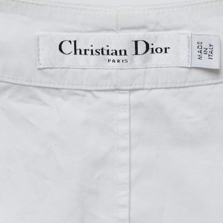 Pre Owned Dior White Cotton and Printed Silk Long Sleeve Tie Detail V-Neck Blouse M