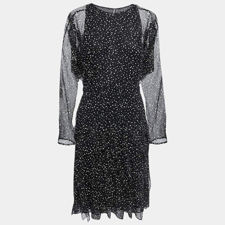 Pre Owned Gucci Black Dotted Silk Chiffon Ruffled Short Dress L