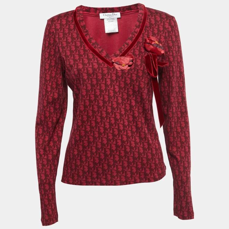 مملوكة مسبقًا Christian Dior Boutique Vintage Red Oblique Printed Cotton Long Sleeve T-Shirt L