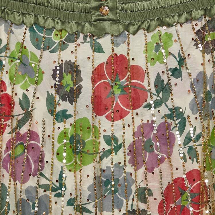 Pre Owned Christian Dior Gold Tulle & Multicolor Floral Printed Silk Lined Maxi Skirt M