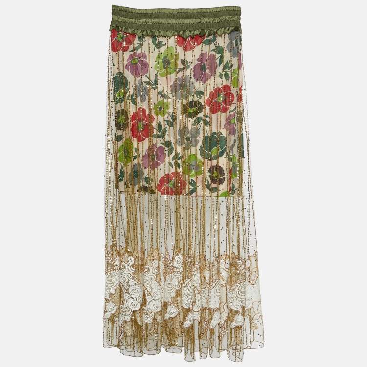 Pre Owned Christian Dior Gold Tulle & Multicolor Floral Printed Silk Lined Maxi Skirt M