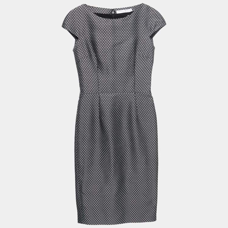 Pre Owned Dior Black Patterned Silk Cap Sleeved Midi Dress M