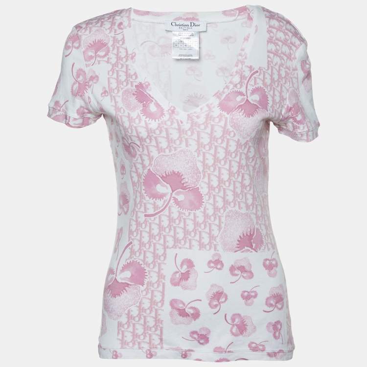 Pre Owned Christian Dior Boutique White & Pink Trotter Monogram Printed Cotton Knit V-Neck T-Shirt L