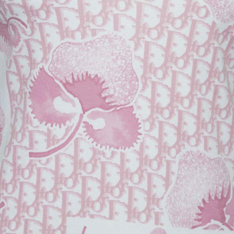 Pre Owned Christian Dior Boutique White & Pink Trotter Monogram Printed Cotton Knit V-Neck T-Shirt L