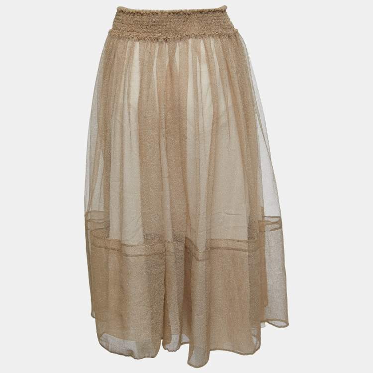 Pre Owned Dior Beige Mesh Elasticized Waist Midi Skirt M