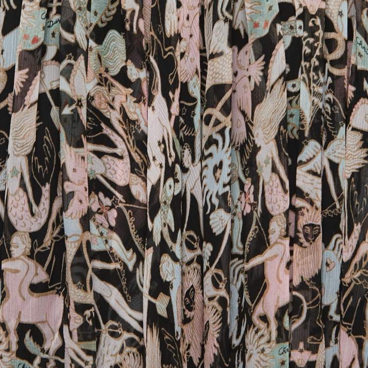 Pre Owned Dior Multicolor Zodiac Print Silk Chiffon Gathered Midi Skirt L