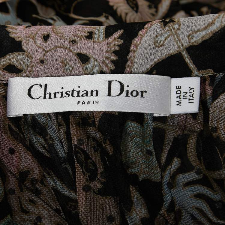 Pre Owned Dior Multicolor Zodiac Print Silk Chiffon Gathered Midi Skirt L