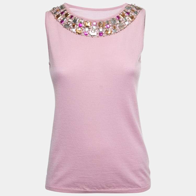 Pre Owned Christian Dior Pink Cashmere Knit Embellished Neck Cardigan M