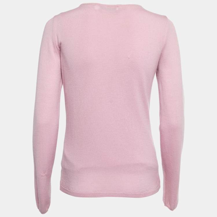 Pre Owned Christian Dior Pink Cashmere Knit Embellished Neck Cardigan M