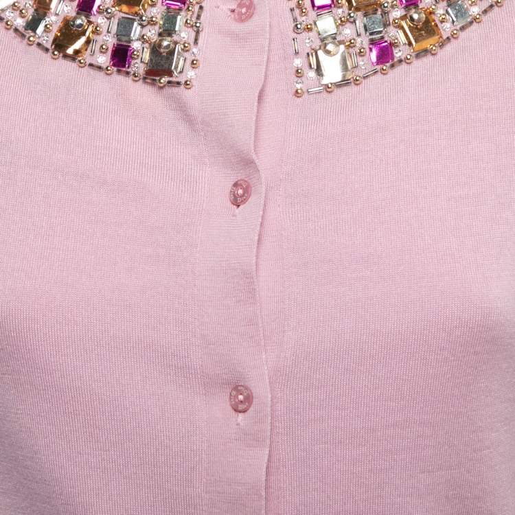Pre Owned Christian Dior Pink Cashmere Knit Embellished Neck Cardigan M
