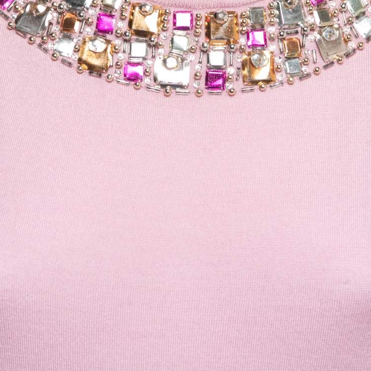 Pre Owned Christian Dior Pink Cashmere Knit Embellished Neck Cardigan M