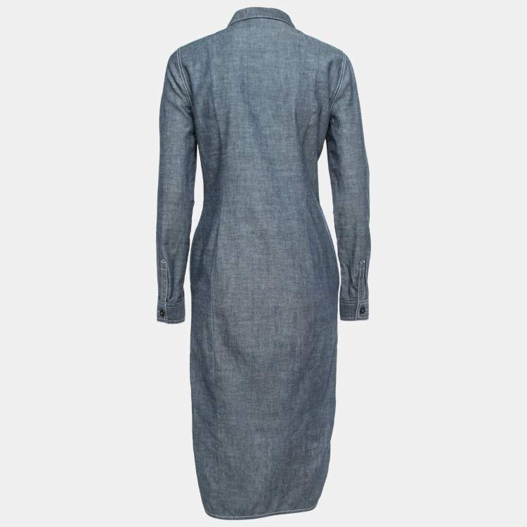 مملوكة مسبقًا Dior Blue Denim Floral Embellished Pleated Midi Dress M