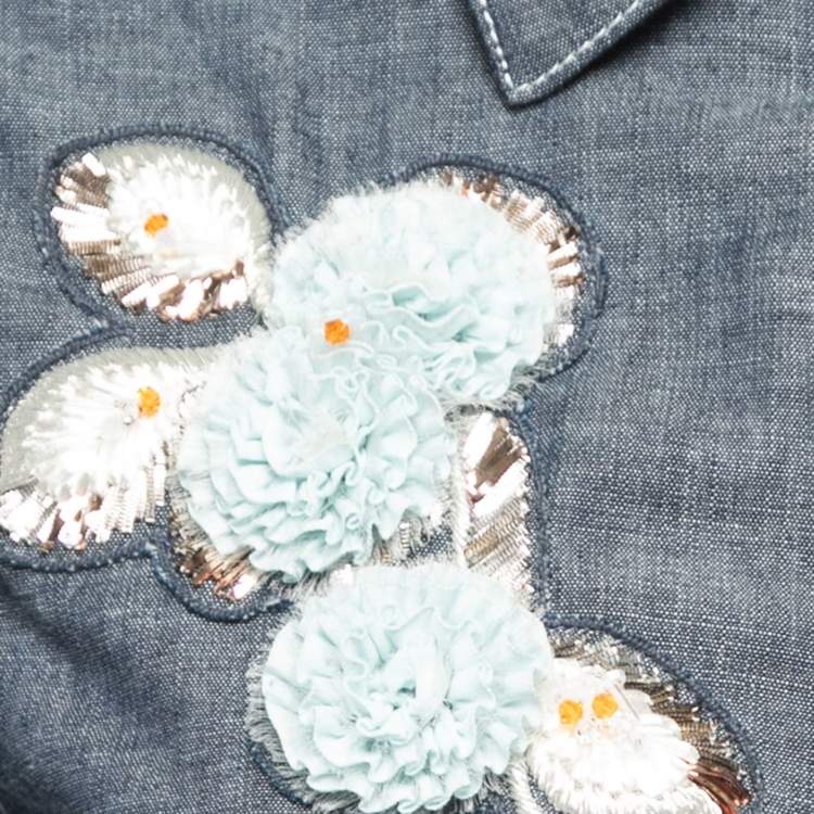 مملوكة مسبقًا Dior Blue Denim Floral Embellished Pleated Midi Dress M