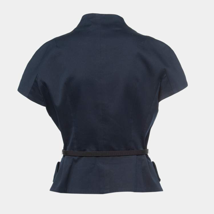 Pre Owned Christian Dior Navy Blue Ruched Cap Sleeve Belted Jacket L
