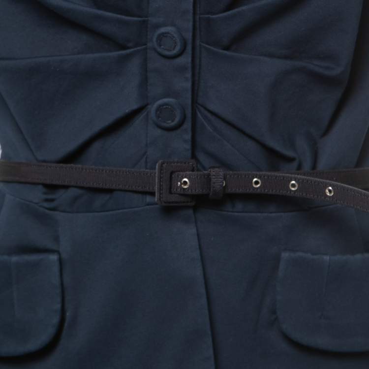Pre Owned Christian Dior Navy Blue Ruched Cap Sleeve Belted Jacket L