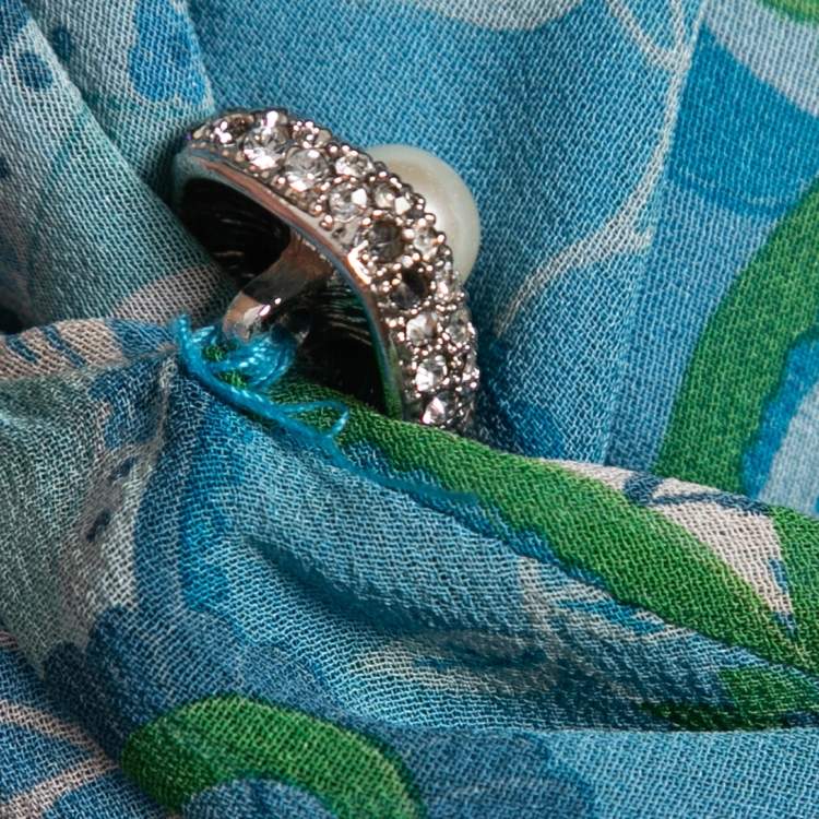 Pre Owned Christian Dior Blue Paisley Printed Silk Bead Embellished Draped Top M
