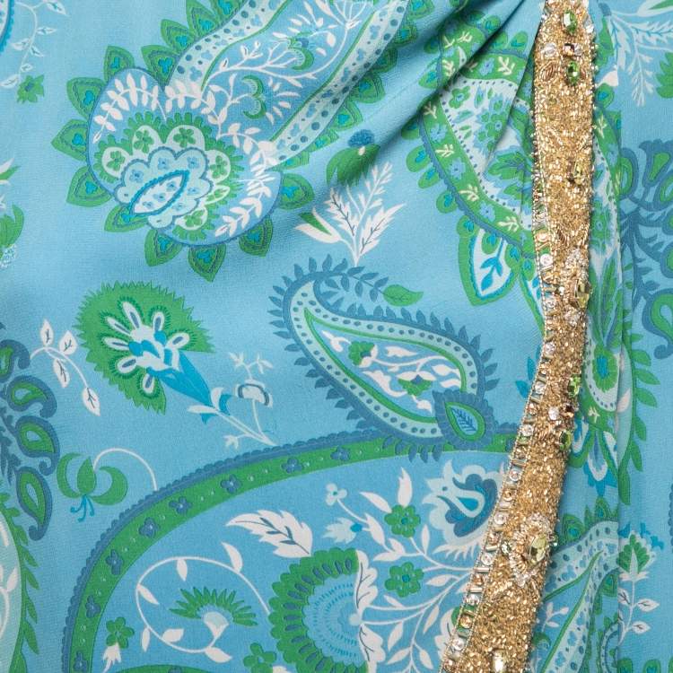 Pre Owned Christian Dior Blue Paisley Printed Silk Bead Embellished Draped Top M