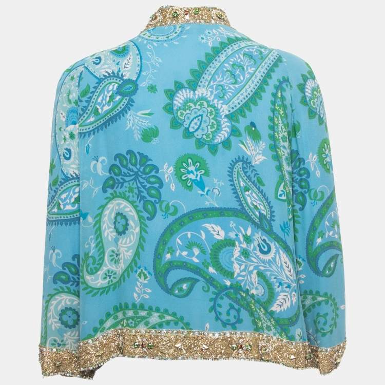 Pre Owned Christian Dior Blue Paisley Printed Silk Bead Embellished Draped Top M