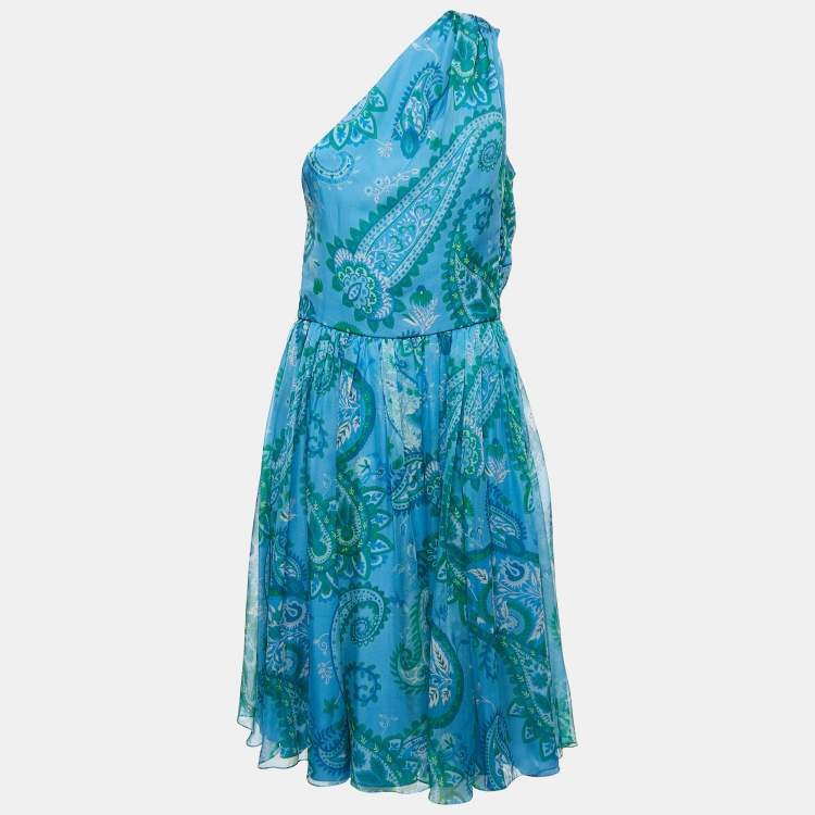 Pre Owned Christian Dior Blue Paisley Printed One Shoulder Mini Dress L
