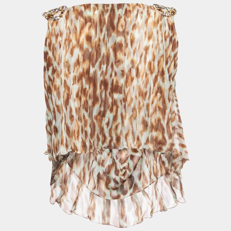 Pre Owned Christian Dior Brown Animal Printed Chiffon Embellished Top M