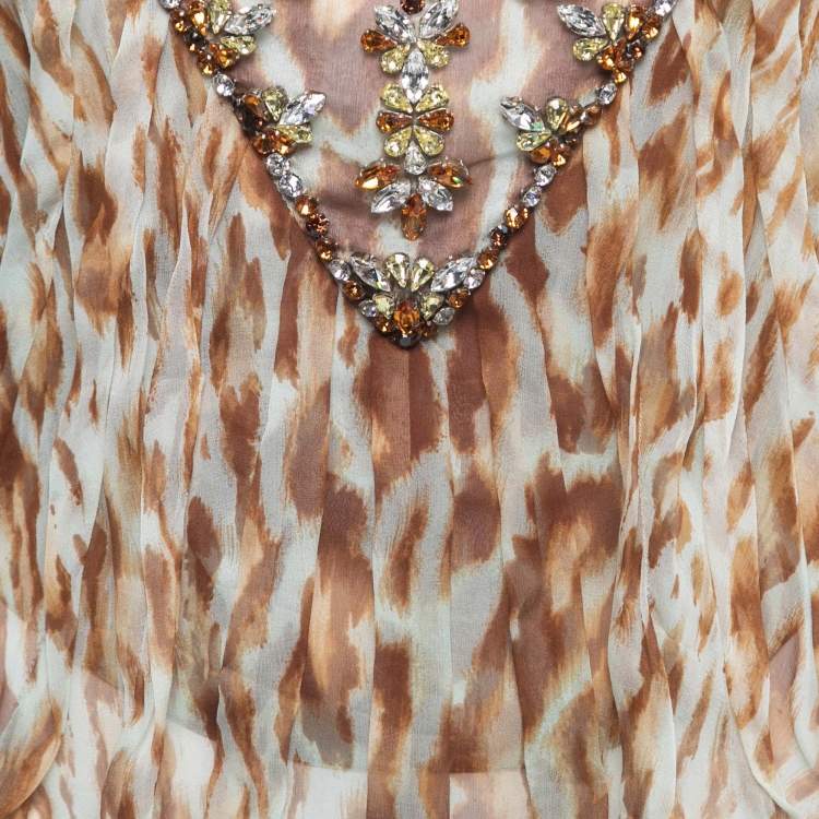 Pre Owned Christian Dior Brown Animal Printed Chiffon Embellished Top M