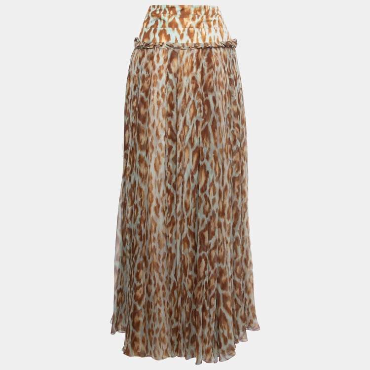Pre Owned Christian Dior Brown Animal Printed Chiffon Bow Maxi Skirt M