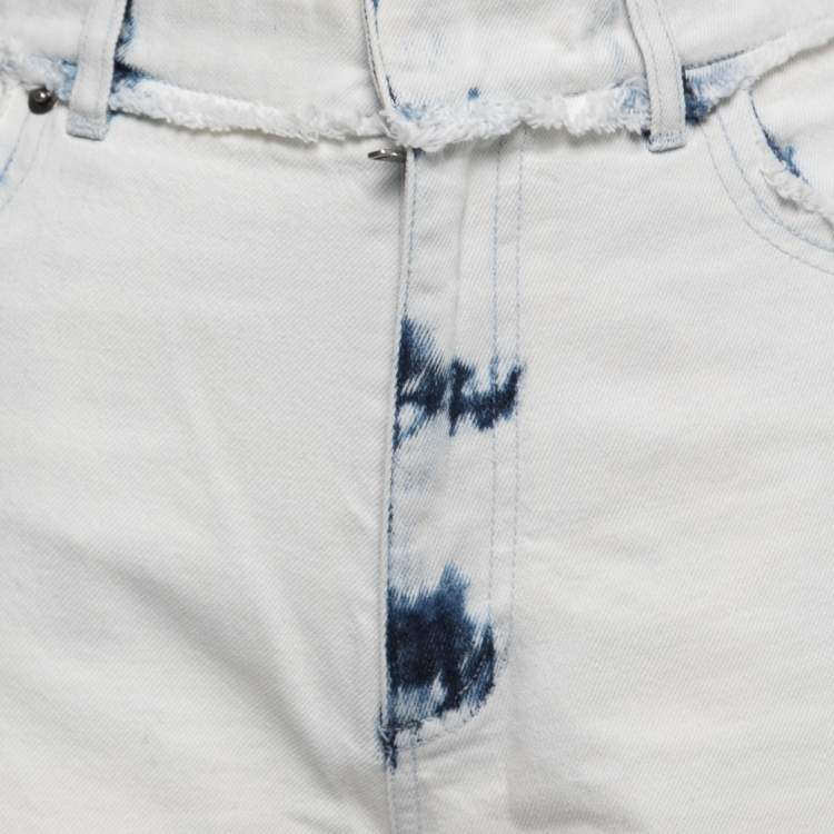 Pre Owned Christian Dior White/Blue Tie-Dye Denim Frayed Wide Leg Jeans M Waist 32"