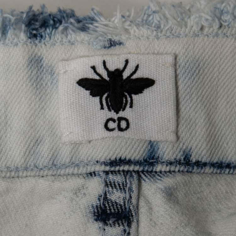 Pre Owned Christian Dior White/Blue Tie-Dye Denim Frayed Wide Leg Jeans M Waist 32"