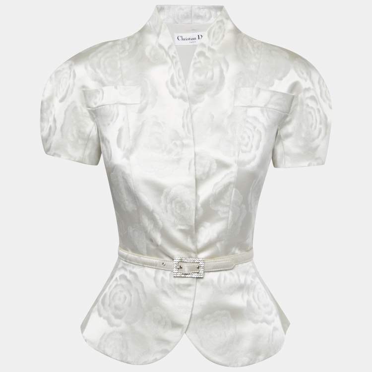 Pre Owned Christian Dior Silver Silk Blend Belted Button Front Top M