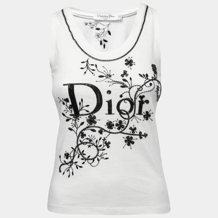 Pre Owned Christian Dior Boutique White Embellished Cotton Knit Tank Top S