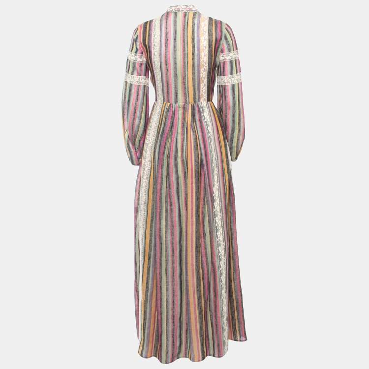 Pre Owned Dior Multicolor Striped Linen Lace Trimmed Long Sleeve Maxi Dress M