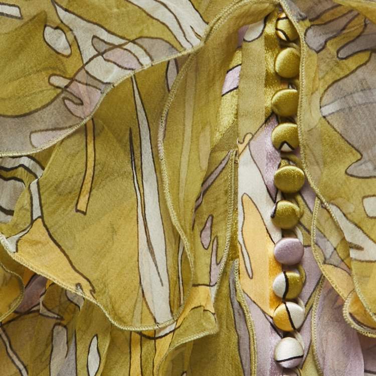Pre Owned Dior Green All-Over Print Silk Button Front Ruffled Sleeveless Blouse M