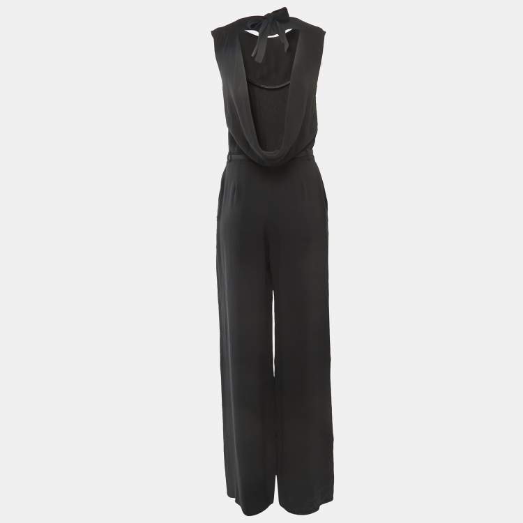 Pre Owned Dior Black Silk Pleated Cowl Back Neck Sleeveless Belted Jumpsuit M