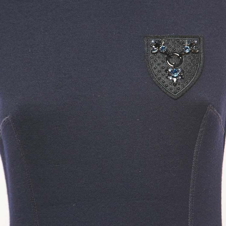 Pre Owned Christian Dior Navy Blue Wool-Blend Crest Detail Sleeveless Dress M