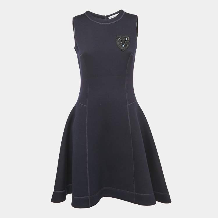 Pre Owned Christian Dior Navy Blue Wool-Blend Crest Detail Sleeveless Dress M
