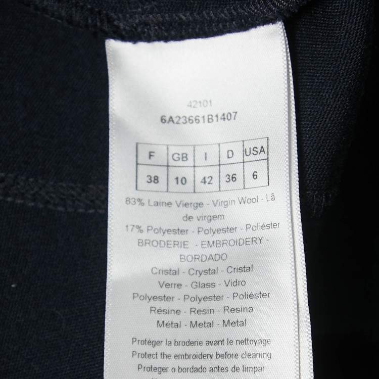 Pre Owned Christian Dior Navy Blue Wool-Blend Crest Detail Sleeveless Dress M