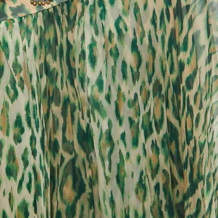 Pre Owned Dior Green Leopard Print Embellished Silk One Shoulder Short Dress XL