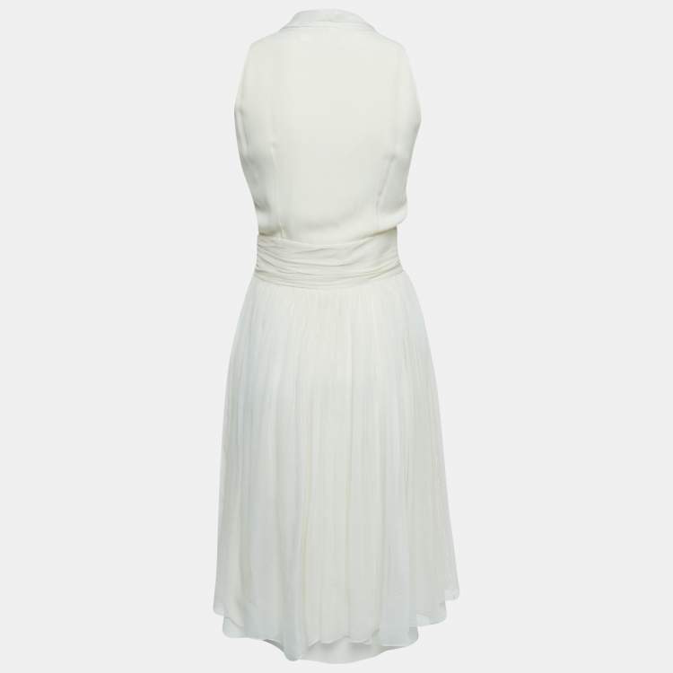 Pre Owned Dior Cream Silk Neck Tie Detail Gathered Sleeveless Short Dress M