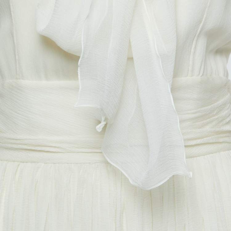 Pre Owned Dior Cream Silk Neck Tie Detail Gathered Sleeveless Short Dress M