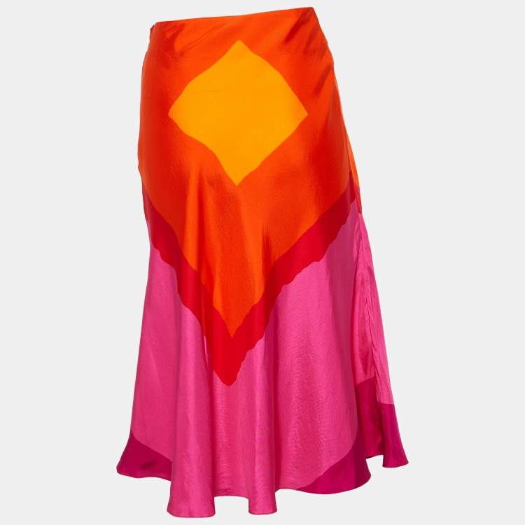 Pre Owned Christian Dior Multicolor Printed Silk Satin Midi Skirt L